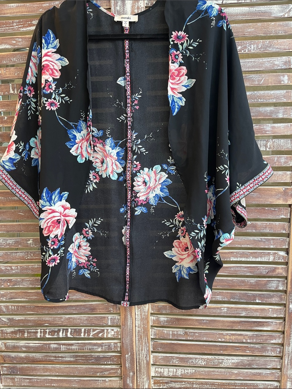 meraki Black Floral Kimono with Pink and Blue Blooms
